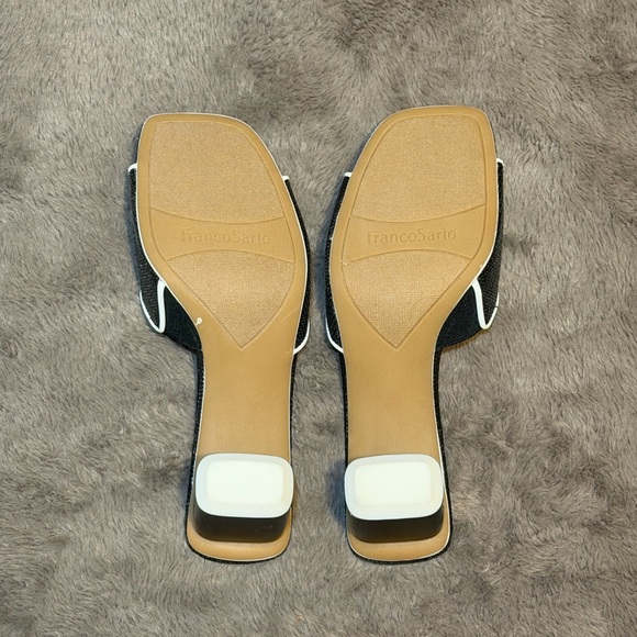 Franco Sarto Black and White Mules, Linley Slide Heeled Sandals, Size - 6.5 - Picture 6 of 11